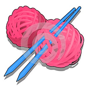 Set of pink tangles of wool yarn and knitting needles isolated on a white background. Tools and materials for needlework