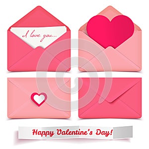 Set of pink Valentine romantic vector envelopes isolated on white