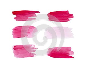 Set pink watercolor brush strokes for design. Pink lipstick, cosmetics, beauty.