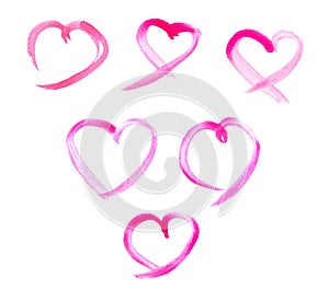 Set of Pink watercolor hearts on white background. Abstract pink heart watercolor paint stains illustration