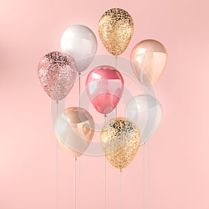 Set of pink, white and golden glossy balloons on the stick with sparkles on pink background. 3D render for birthday, party, weddin