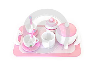 A set of pink white pastel color wood  toy tea cups including 2 coffee cups with teaspoons, a teapot, a sugar jar  and a milk jug