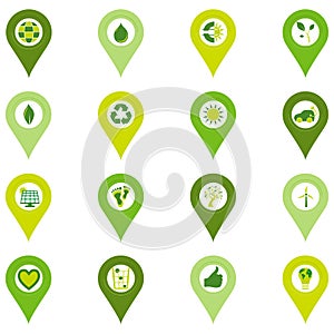 Set of pinpoint icons of bio eco environmental related symbols