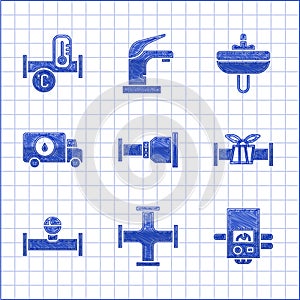 Set Pipe adapter, Industry metallic pipe, Gas boiler, and manometer, Plumber service car, Washbasin and icon. Vector