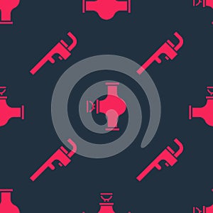 Set Pipe adjustable wrench and Industry pipe and valve on seamless pattern. Vector