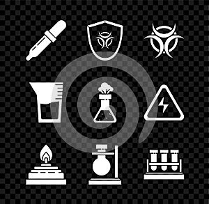 Set Pipette, Biohazard symbol on shield, Alcohol or spirit burner, Test tube flask stand, chemical, Laboratory glassware