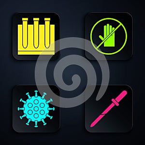 Set Pipette, Blood test and virus, Virus and No handshake. Black square button. Vector