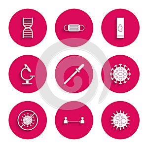 Set Pipette, Safe distance, Virus, Stop virus, Microscope, Blood test and and DNA symbol icon. Vector