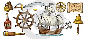 Set pirate adventure. Vector color vintage engraving