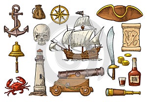 Set pirate adventure. Vector color vintage engraving