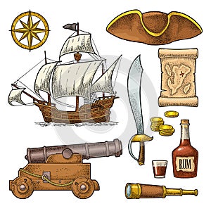 Set pirate adventure. Vector color vintage engraving