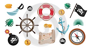 Set of pirate cartoon objects, set of icons. Ð¡ollection of nautical adventure items.