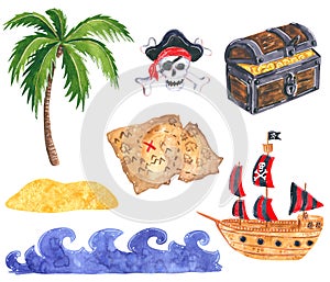 Set of pirate clipart. Pirate ship, treasure chest with gold coins, treasure map, Ocean waves