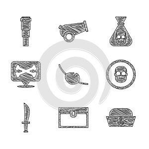 Set Pirate eye patch, Antique treasure chest, Sailor hat, coin, sword, Location pirate, and Spyglass telescope lens icon