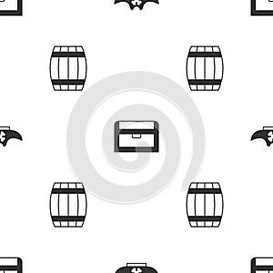 Set Pirate hat, Antique treasure chest and Wooden barrel on seamless pattern. Vector