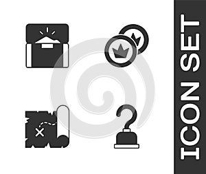 Set Pirate hook, Antique treasure chest, map and coin icon. Vector