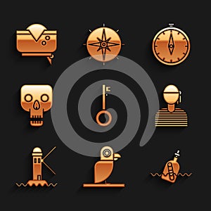 Set Pirate key, parrot, Bottle with message in water, Sailor captain, Lighthouse, Skull, Compass and hat icon. Vector