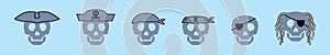 Set of pirate skull cartoon icon design template with various models. vector illustration isolated on blue background