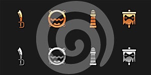 Set Pirate sword, Ship porthole with seascape, Lighthouse and flag icon. Vector