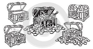 Set of pirate treasure chests in sketch style open and closed, empty and full of gold coins and jewelry. Hand drawn