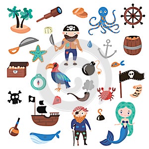 Set of Pirates vector cartoon objects. Adventures and Pirate party for Kindergarten. Children Adventure, treasure
