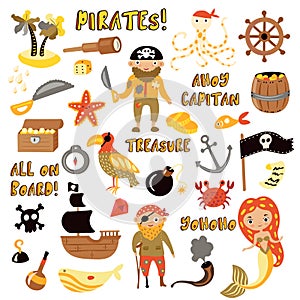 Set of Pirates vector cartoon objects. Adventures and Pirate party for Kindergarten. Children Adventure, treasure