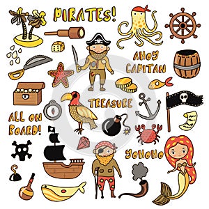 Set of Pirates vector cartoon objects. Adventures and Pirate party for Kindergarten. Children Adventure, treasure