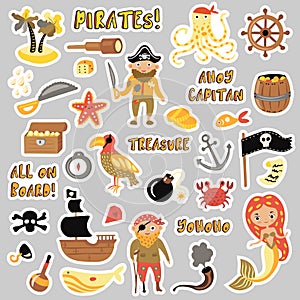 Set of Pirates vector cartoon stickers. Adventures and Pirate party sticker for Kindergarten. Children Adventure