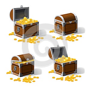 Set piratic trunk chests with gold coins treasures. . Vector illustration. Catyoon style, isolated photo