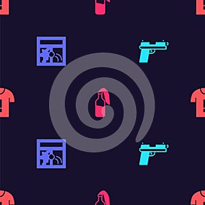 Set Pistol or gun, Broken window, Cocktail molotov and T-shirt protest on seamless pattern. Vector