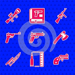 Set Pistol or gun, Bullet, Small revolver, Wooden axe, Bayonet on rifle, Mauser, Tommy and Sniper optical sight icon