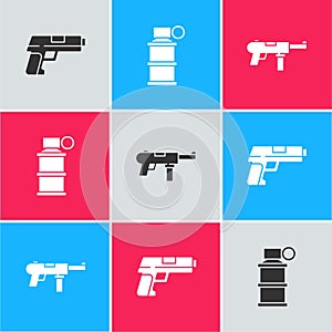 Set Pistol or gun, Hand smoke grenade and Submachine M3 icon. Vector