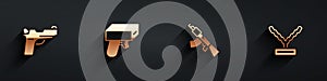 Set Pistol or gun, Money, Submachine and Rapper chain icon with long shadow. Vector