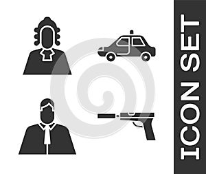 Set Pistol or gun with silencer, Judge, Lawyer, attorney, jurist and Police car and flasher icon. Vector photo