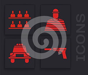 Set Pistol or gun with silencer, Jurors, Prisoner and Police car and flasher icon. Vector