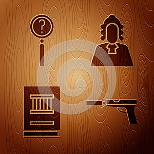 Set Pistol or gun with silencer, Magnifying glass with search, Law book and Judge on wooden background. Vector