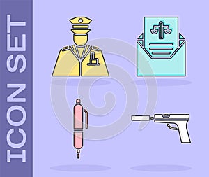 Set Pistol or gun with silencer, Police officer, Pen and Subpoena icon. Vector