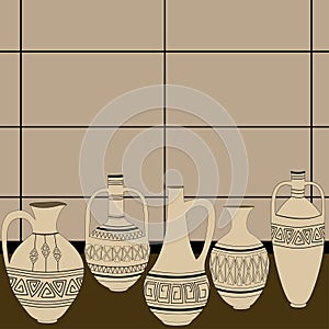 Set of pitchers. Decoration pattern.