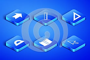 Set Pixel arrow cursor, Arrow, Open book, Protractor grid, Ruler and Triangular ruler icon. Vector