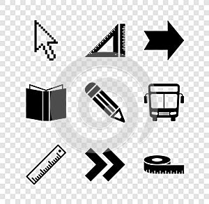 Set Pixel arrow cursor, Triangular ruler, Arrow, Ruler, Tape measure, Open book and Pencil icon. Vector