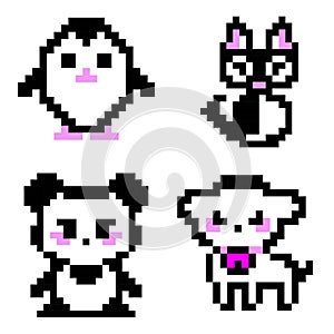 Set of pixel art icons for video game and print on different product. Penguin, cat, panda, sheep (lamb).