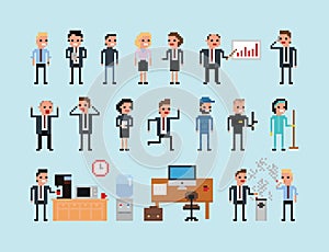 Set of pixel art people icons, office work vector