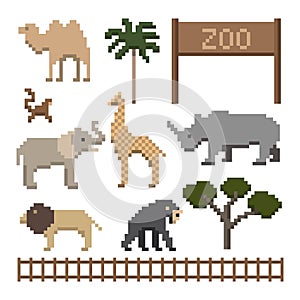 Set of pixel art zoo animals