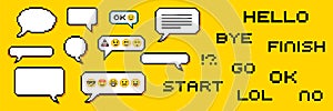 Set of pixel dialogue boxes different shapes. Chat speech bubbles, flash message frames with text or empty dialog communication