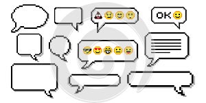 Set of pixel dialogue boxes different shapes. Chat speech bubbles, flash message frames with text or empty dialog communication