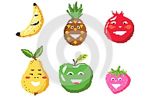 Set of pixel fruits and berries for games, applications or puzzles or cross stitch design. Pixelated style 8 bit icons