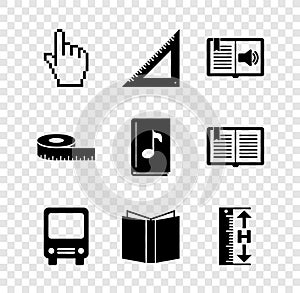 Set Pixel hand cursor, Triangular ruler, Audio book, Bus, Open, Measuring height length, Tape measure and icon. Vector