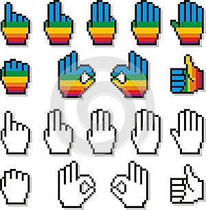 Set of Pixel Hand Cursors in Rainbow Color Pattern Two