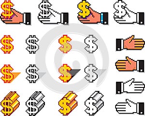 Set of Pixel Hand Cursors and Currency Symbols photo