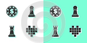 Set Pixel hearts for game, Casino chip with dollar, Chess and icon. Vector